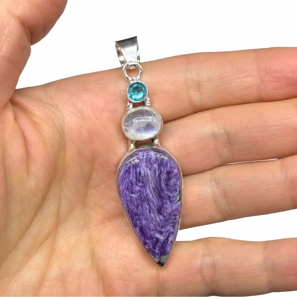 Charoite Rainbow Moonstone Blue Topaz Necklace Pendant Solid 925 Sterling Silver